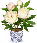 Briful Faux Peony Flowers in Blue and White Ceramic Pot 13.8" Realistic Silk Peonies Artificial Peony Floral Arrangement Fake Potted Flowers for Home Office Room Desk Shelf Decoration(White)