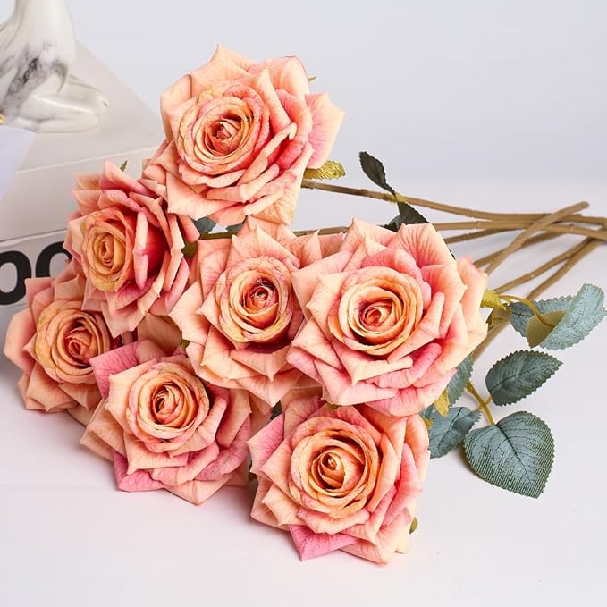 3.1"(8cm) Manta Rose Artificial Flower 7pcs Realistic Faux Silk Roses Fake Flowers Bouquets Arrangements Decor for Wedding Spring Mother's Day, Home Table Decorations, Orange Flower
