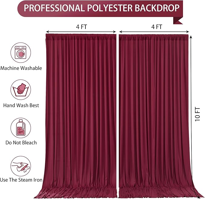 Burgundy Backdrop Curtain 2 Panels-Wrinkle-Free Champagne Curtains Polyester Photography Drapes for Baby Shower Birthday Party Photo Background Backdrop Stand- 8 X10FT (Burgundy)