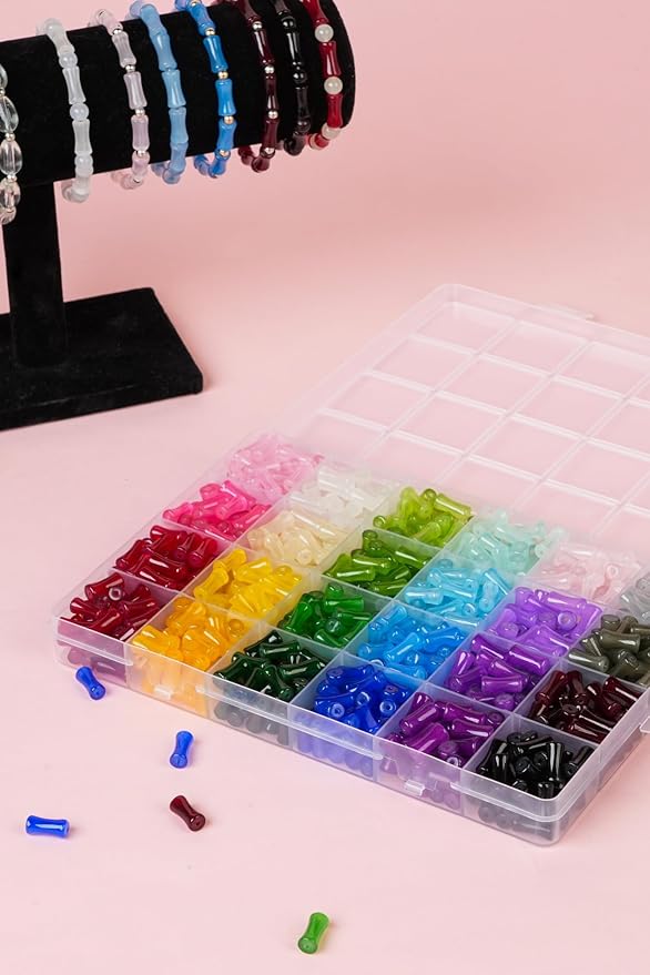 REVKI 1200pcs Glass Beads Bracelet Making Kit, 48 Colors Crystal Beads for Jewelry Making,Strange Shaped Glass Beads for Bracelets and DIY Crafts(Teardrop and Bamboo)