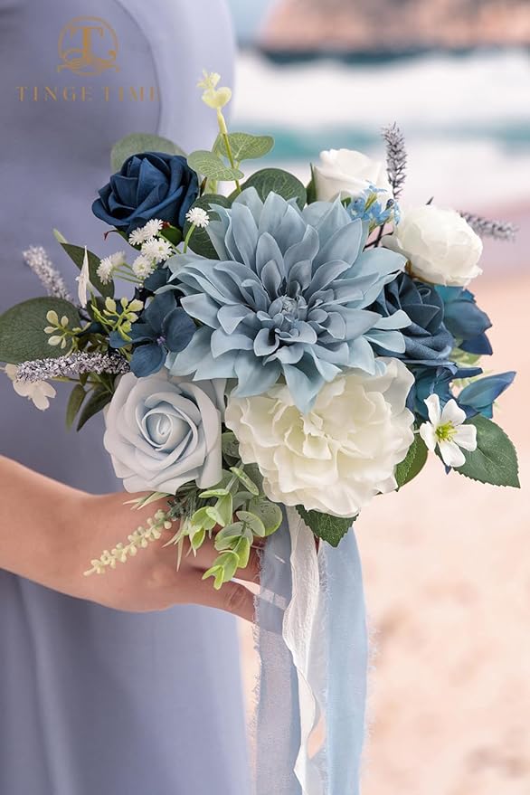 TINGE TIME 7inch Wedding Bouquets for Bridesmaid, Artificial Flowers Cascading Bridal Bouquet for Wedding (DarkBlue, Set of 4)