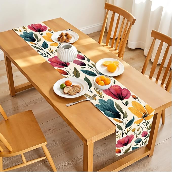 Watercolor Floral Table Runner – Elegant Red, Blue & Purple Blooms on Beige, 13x72 Inch Linen-Look Fabric for Dining Table, Kitchen, Spring & Summer Home Decor, Everyday Use