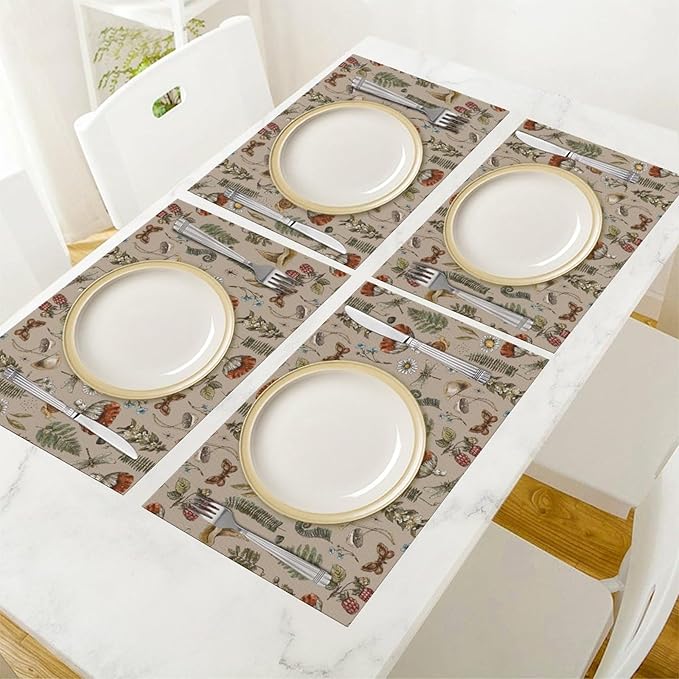 Mushroom Placemats Set of 6,Vintage Gothic Mushroom Fern Kitchen Place Mats Linen 12x18 Inch,Brown 6 PCS, Style-6