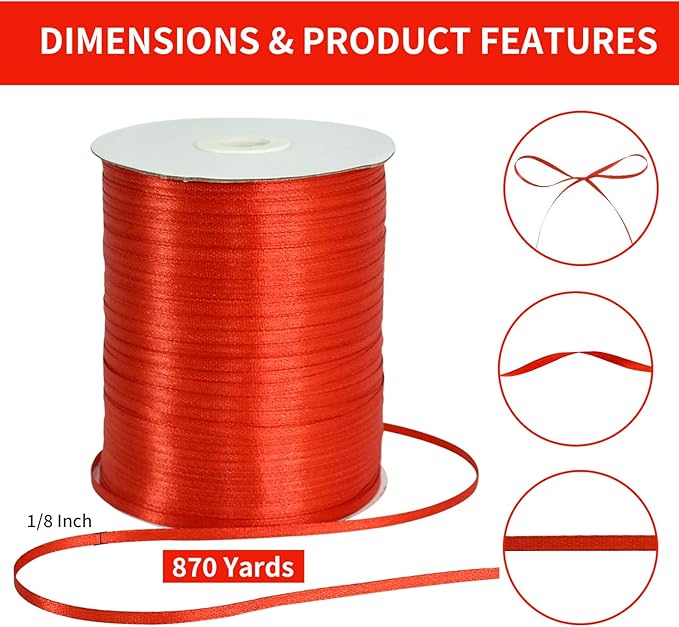 1/8 Inch x 870 Yards Red Thin Solid Satin Ribbon Giant Spool Double Face Woven Polyester Fabric Ribbons for Crafts Hanging Tags Invitation Card Balloons Bouquet Hair Gift Wrapping Party Decoration
