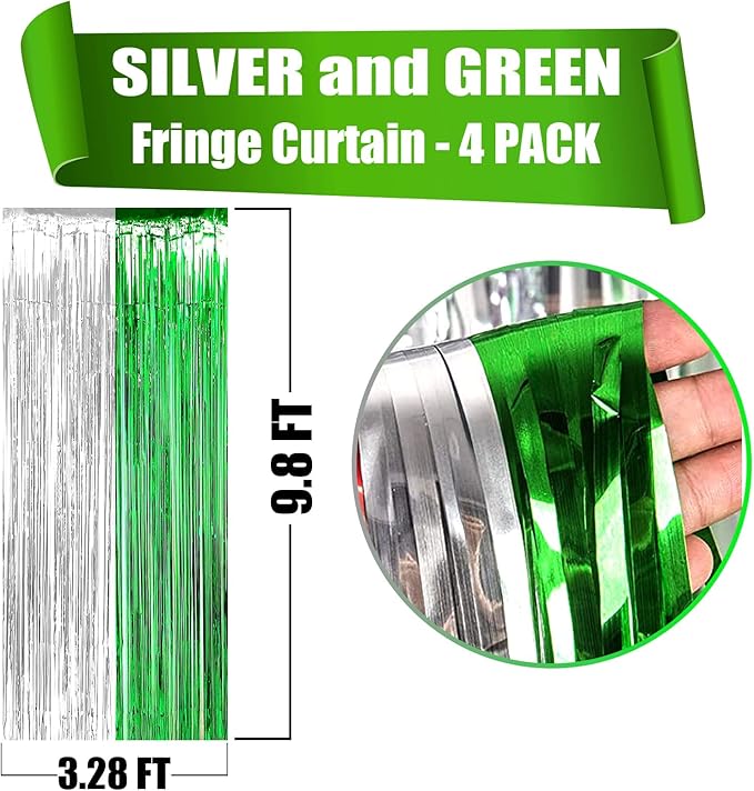 4 Pack Foil Fringe Curtain Backdrop, 3.28Ft x 8.2Ft Metallic Tinsel Foil Fringe Streamers Curtain for Photo Booth, Wedding, Mardi Gras Birthday Carnival St Patrick Day Party Decoration (Silver Green)