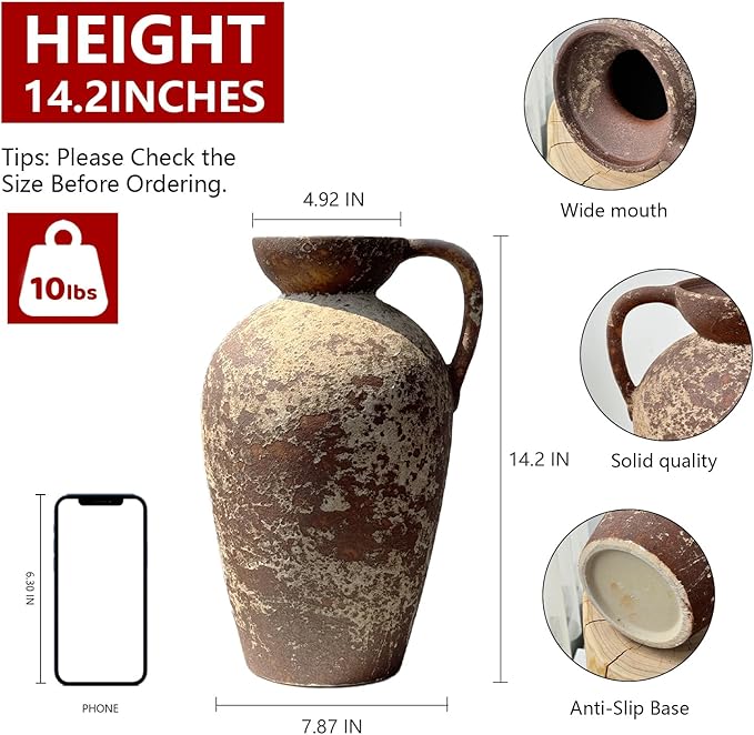Brown Ceramic Rustic Farmhouse Vase Jug Pitcher with Handle, Distressed Antique Terracotta Pottery Flower Vase 14.2 Inch Handmade Large Floor Vintage Decorative for Home Living Room Decor