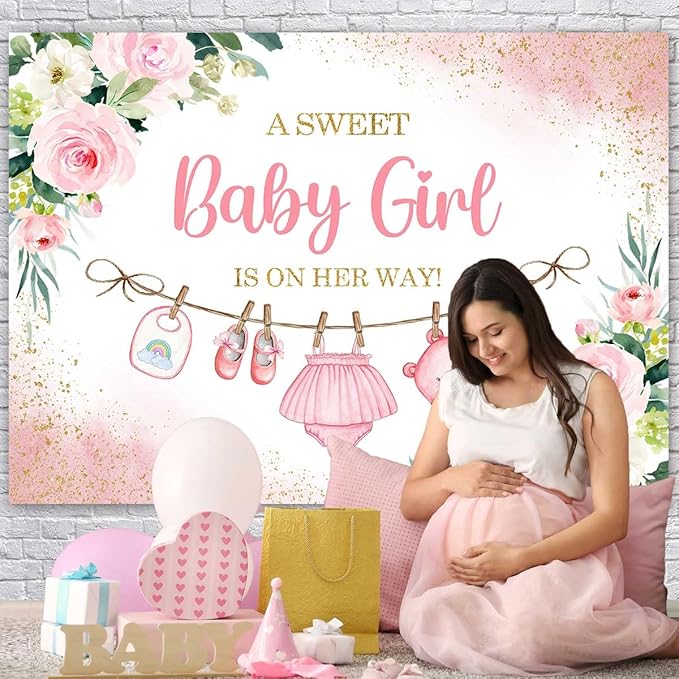 Sensfun Cute Clothes Baby Shower Backdrop A Sweet Baby Girl is On Her Way Banner Watercolor Pink Floral Sweet Little Girl Baby Shower Party Decorations Banner Supplies Photo Booth Props 5x3ft