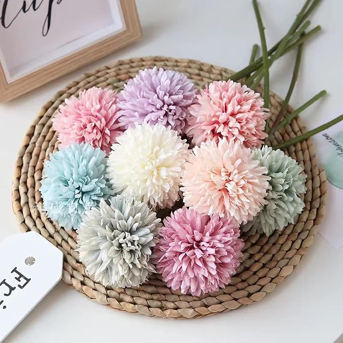 Tinsow 12 Pcs Artificial Flowers Faux Ball Chrysanthemum Bouquet Silk White Flowers Bridal Wedding Bouquet for Home Garden Party Wedding Decoration (White, 12)