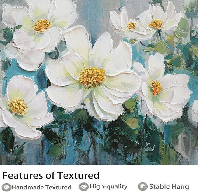 Ardemy White Floral Canvas Wall Art Large Teal Textured Pictures Wall Decor Turquoise Paintings Artwork for Living Room Bedroom Home Office, 48"x24"