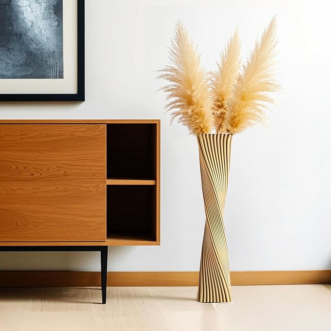 23.6" (60cm) Tall Gold Floor Vase for Pampas Grass, Floor Vases for Modern Geometry Decor - Minimalist Skinny Unique Shape Flower Vase for Farmhouse Entryway, Fireplace,Shelf