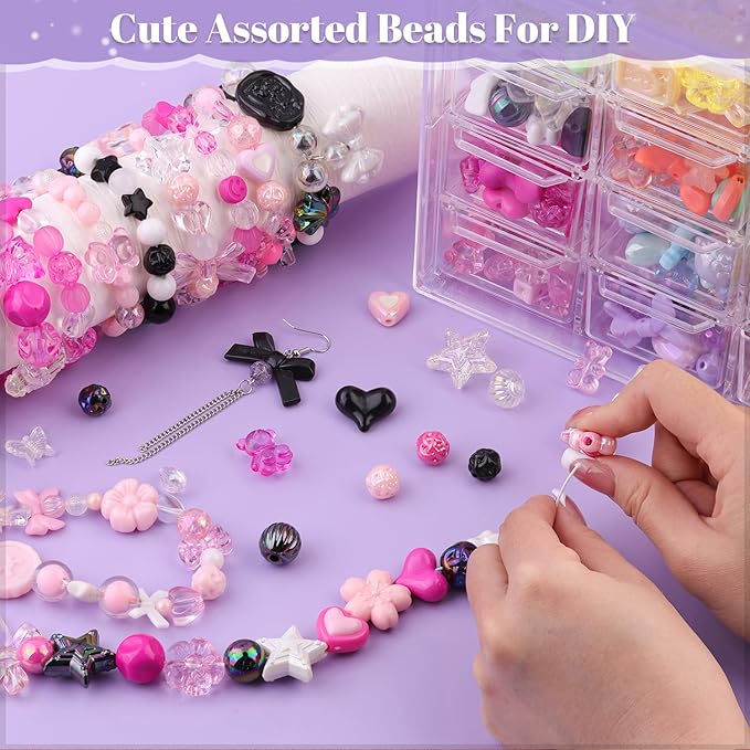Assorted Acrylic Beads, 130-180PCS 3 Mixed Series Cute Beads for Bracelet Making, GummyBear Bow Flower Kawaii Charms for Jewelry Making DIY Necklace Keychain Phone Charm Christmas Gift
