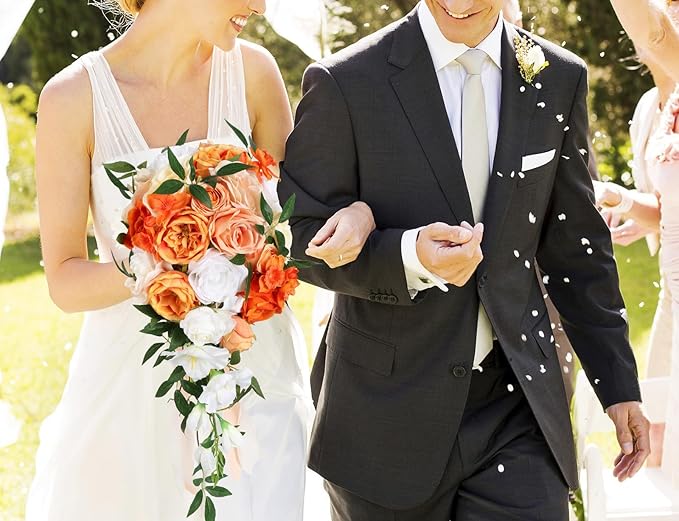Wedding Bouquet,10 Inch Terracotta Bouquet Cascading Bridal Bouquets for Bride for Wedding Ceremony and Anniversary(Orange)