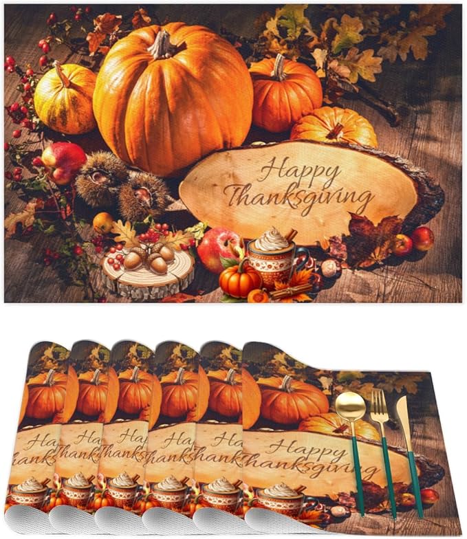 Thanksgiving Holiday Modern Pumpkins Placemats Set of 6 PVC Vinyl Non Slip Table Mats Heat Resistant Place Mats Washable Wipeable Dining Table Mat for Kitchen Party Indoor Outdoor Decorative Gift