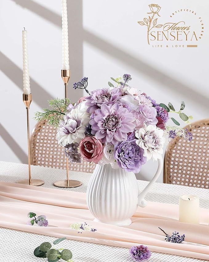Senseya Artificial Flowers Combo Set, Purple Silk Roses, Peonies, Dahlias with Stems for DIY Wedding Bouquets, Baby Shower, Table Centerpieces, Home Decor, Fake Floral Arrangements, Party Decorations