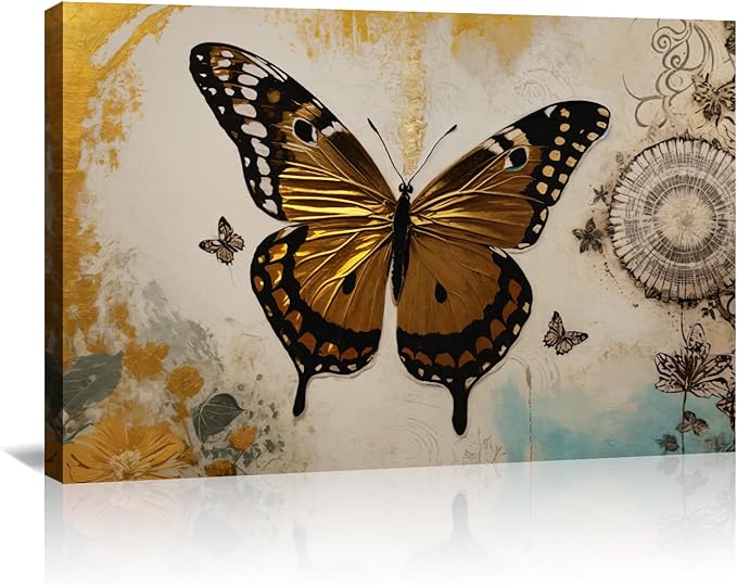 KPLUNDO Butterfly Wall Art Abstract Flower Picture Gray Gold Poster Vintage Painting Modern Artwork Home Decor for Living Room Bedroom Office Wall Decoration Ready to Hang(Art-3,24.00x36.00 inch)