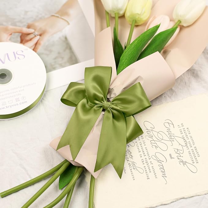 Moss Green Satin Ribbon, Double Faced 1-1/2 Inch X 25 Yards Moss Green Ribbon, Premium Satin Ribbon for Gift Wrapping, Crafts, Hair Bow Making, Sewing, Flower Bouquet, Wedding Party Decor