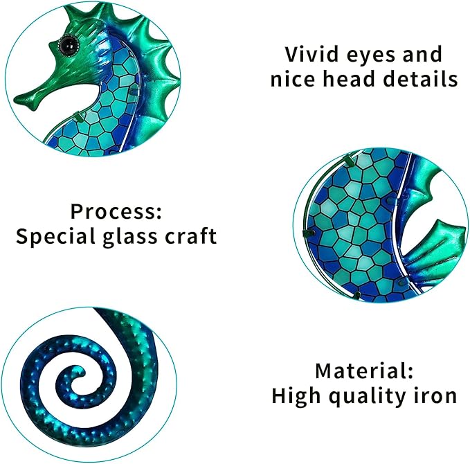 LIFFY Metal Seahorse Wall Art Mosaic Glass Ocean Wall Decor Coastal Sculpture Hanging Decoration for Home Garden Fence Pool Beach Bathroom