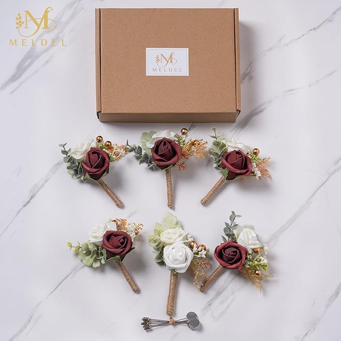 Meldel Boutonniere for Men Wedding,Set of 6,Groom and Groomsman Boutonniere for Wedding,Greenery Rose Corsage for Men Ceremony Anniversary Party Prom Homecoming,Burgundy White
