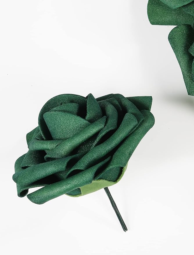 50pcs Artificial Flower，Real Touch Foam Roses w/Stem DIY for Wedding Bouquet Centerpieces Party Shower Home Decor-Green boxpack