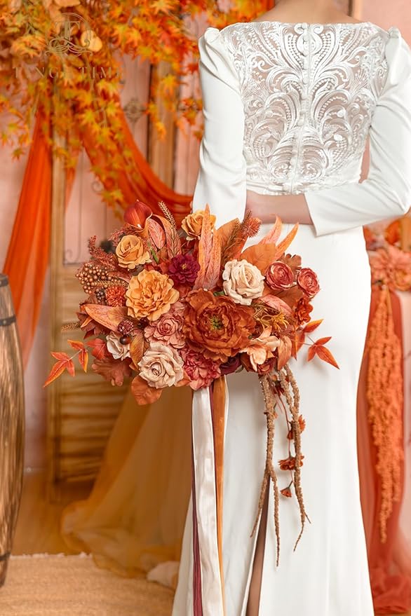 TINGE TIME 13 inch Maple Red Wedding Bouquets for Bride, Bridal Bouquet for Bride, Artificial Silk Rose for Graduation Bouquet, Fake Flowers for Fall Wedding Ceremony and Anniversary