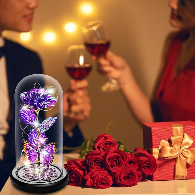 Womens Gifts for Christmas, Christmas Rose Gift for Women Birthday Gift Galaxy Glass Rose Forever Eternal Crystal Flower Light Up Roses in Glass Dome Purple Xmas Gifts for Mom Grandma Wife Her Sister