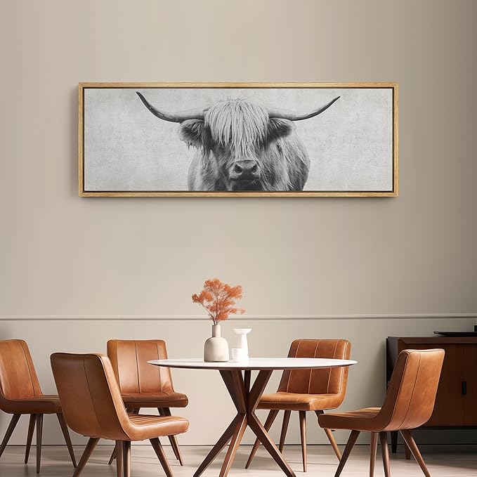 SIGNFORD Large Framed Canvas Print Wall Art Highland Gentleman Portrait of a Highland Cow Illustrations Modern Art Relax/Calm Warm for Living Room, Bedroom, Office - 60"x20"
