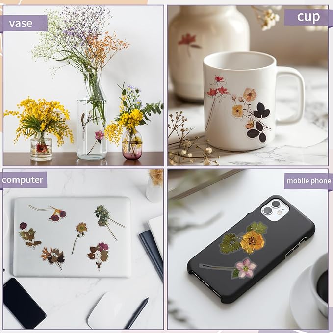 Transparent Flower Stickers for Scrapbooking PET Nature Plant Stickers Floral Stickers Vintage Craft Sticker Colorful Small Flower Sticker for Journaling Scrapbooking Clear Flower Decals(Style D)