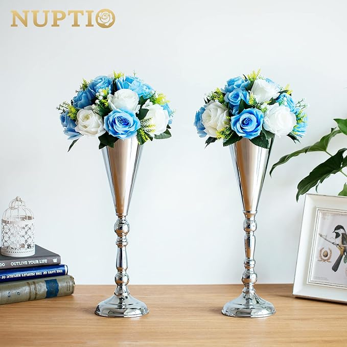 10 Pcs Tabletop Silver Metal Wedding Flower Trumpet Vase, 16.5 inch Table Decorative Centerpiece Artificial Flower Arrangements for Anniversary Ceremony Party Birthday Event Home Decoration (Silver)