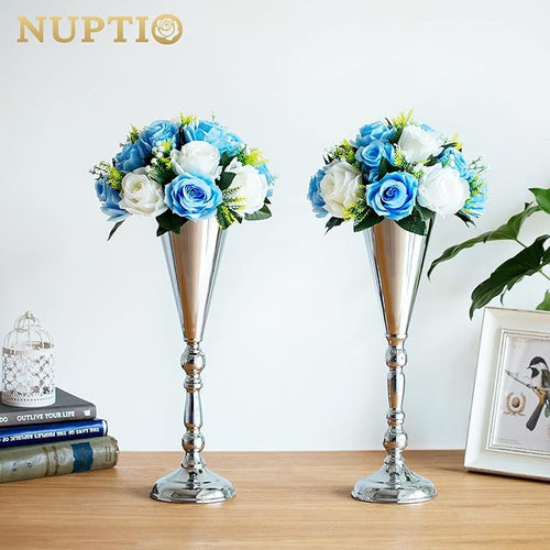 10 Pcs Tabletop Silver Metal Wedding Flower Trumpet Vase, 16.5 inch Table Decorative Centerpiece Artificial Flower Arrangements for Anniversary Ceremony Party Birthday Event Home Decoration (Silver)