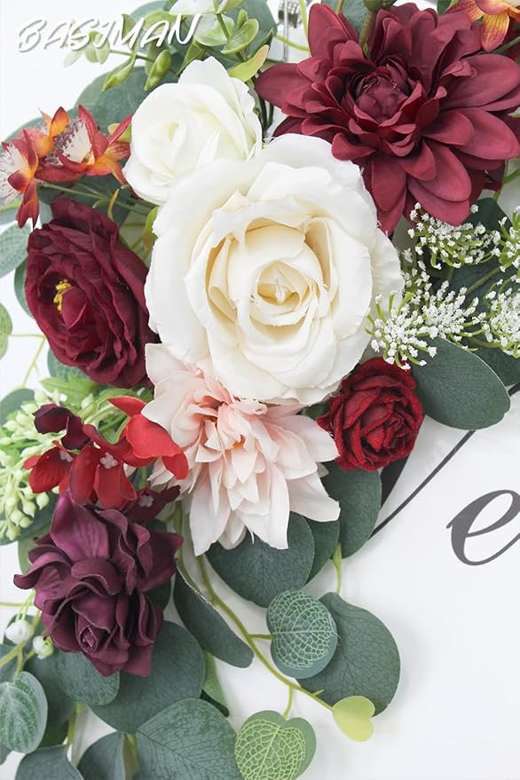 2pcs Wedding Arch Flowers,Wedding Artificial Sign Flower,Welcome Easel Door Decor Wall swags for Reception Backdrop Table Decorations Welcome Sign (Wine Red)