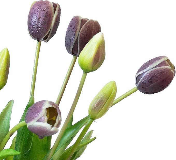 15pcs Artificial Tulips Flowers, Real Touch Latex Bouquet, Fake Tulips for Office Wedding Party Home Kitchen Garden Decoration-B Dark Plum