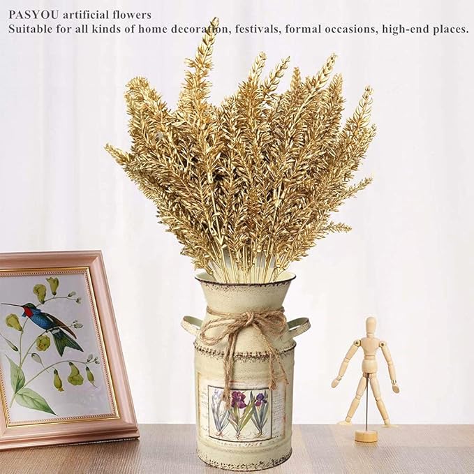 PASYOU Christmas Artificial Plants Decoration, Plastic Grass Faux Shrubs Simulation Wheat Ears Leaves Indoor Outdoor Home Garden Planter Filler Party Hotel Verandah Wedding DIY Decor - Gold 2 Pack