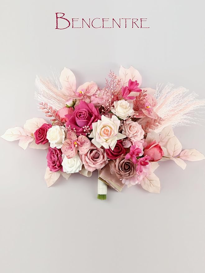 Hot Pink Bridal Bouquets for Bride,14 Inch Wedding Bouquets, for Wedding Ceremony, Anniversary, Party and French Rustic Vintage Wedding,Artificial Flowers