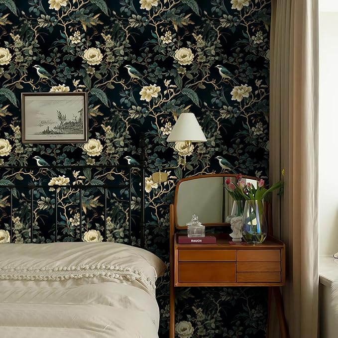 Dark Floral Peel and Stick Wallpaper Vintage Floral Contact Paper 16.9inchx118.1inch Flowers Bird Wallpaper Peel and Stick Boho Leaf Self Adhesive Removable for Bathroom Wall Paper Decor