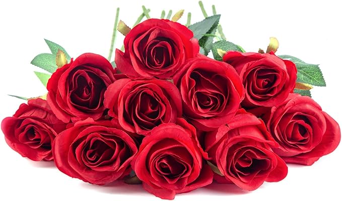 Flojery 10pcs Artificial Rose Flowers Long Stem Fake Silk Roses for DIY Wedding Bouquet Table Centerpiece Home Decor,Red