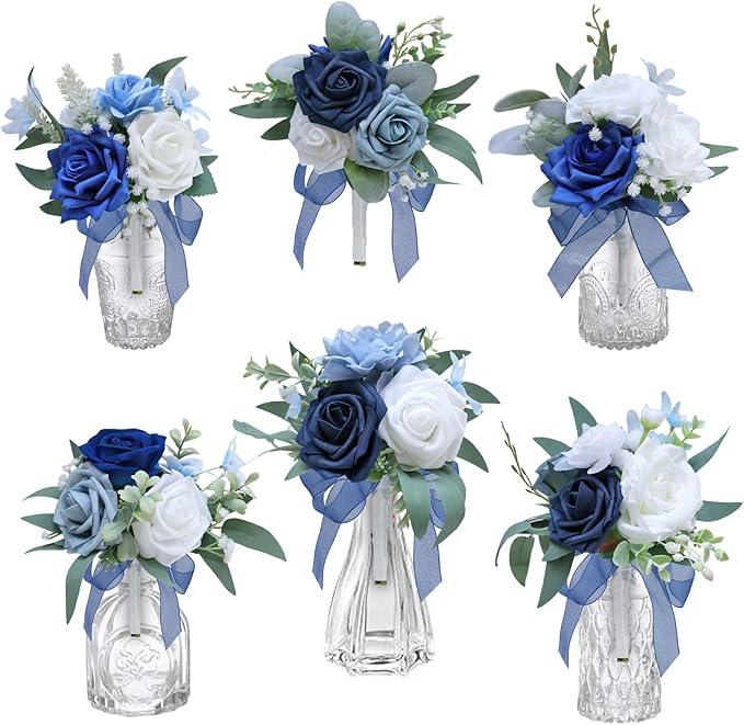 Marriwise Set of 6 Navy Blue Assorted Wedding Flower Centerpieces Pre-Made Mini Bridesmaid Bouquets Artificial Floral Rose Table Decor for Outdoor Beach Wedding Decorations Shower Home Decor