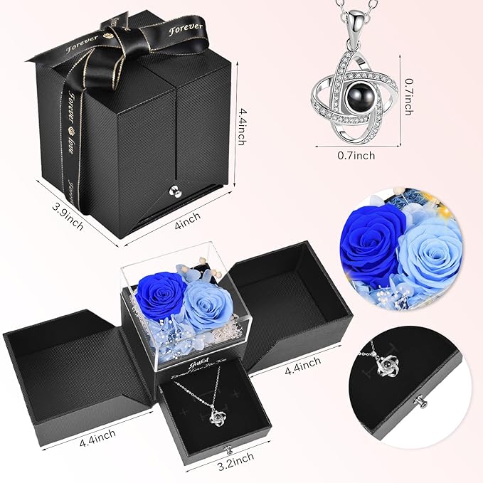 2 Preserved Rose Gift for Women - Eternal Rose with I Love You Necklace - Romantic Birthday Gifts for Girlfriend Mom Her Wife Grandma on Valentines Mothers Day Anniversary Christmas-Blue