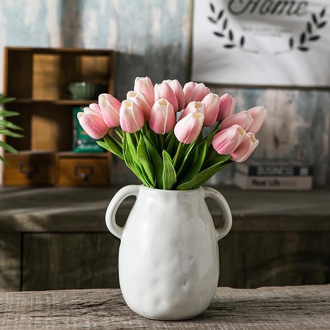 20pcs Pink and White Artificial Tulip Flowers, Silk Fake Flowers 13" for Mother's Day, Easter, Valentine’s Day Gifts in Bulk, Home, Kitchen, Wedding Decorations
