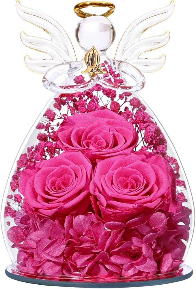 Beferr Christmas Birthday Gifts for Women, Mom Gifts for Christmas Fresh Flowers for Delivery Prime Forever Preserved Rose in Glass Angel Figurine Xmas Gifts for Grandma Wife Sister Her, Rose Red