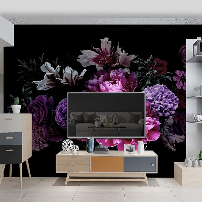 Black Peony Floral Wallpaper Bedroom Purple Botanical Flowers Leaf murals Living Room tv Background Large Wall Mural Aesthetic Room Decor - 91"x65" Not Peel and Stick