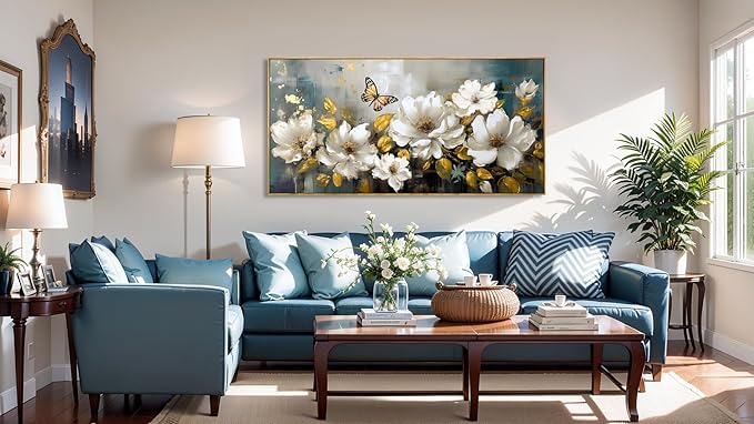 Wall Art Modern Flower Artwork Paintings White Blossom Gold Leaf Butterfly Landscape Picture wall Decor for Living Room Bedroom Kitchen 30"x60" with Framed