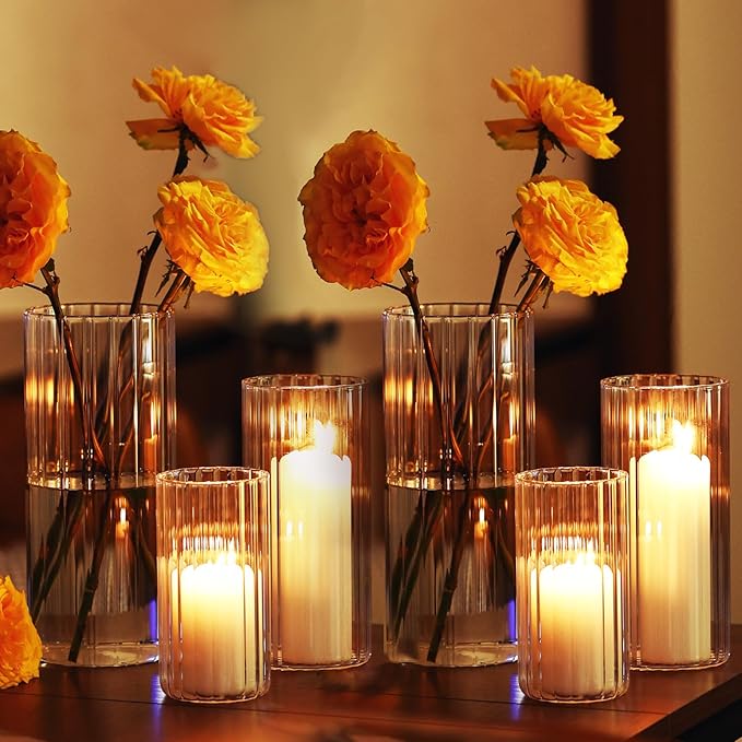 PHOSPHOR 6 PCS Ribbed Glass Candle Holder, Cylinder Candle Holders for Pillar Candles, Clear Glass Hurricane Candle Holders 6'', 8'', 10'' Glass Cylinder Centerpieces Vases