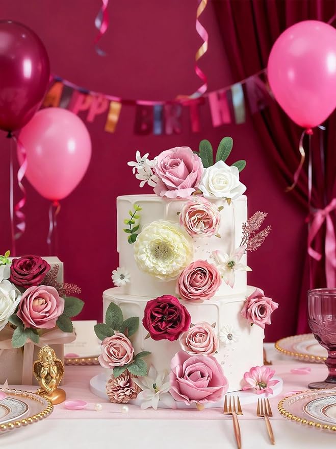 Artificial Flowers Combo Box Set White Pink Fake Roses Silk Flowers with Stems for DIY Wedding Bridal Bouquets,Floral Arrangement,Table Centerpieces,Baby Shower,Home Decorations
