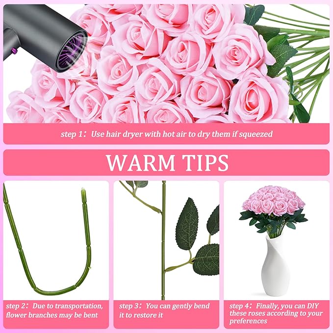 30pcs Fake Roses Artificial Silk Flowers Long Stems Bouquet for Wedding Bridal Shower Party Home Decoration (Pink)