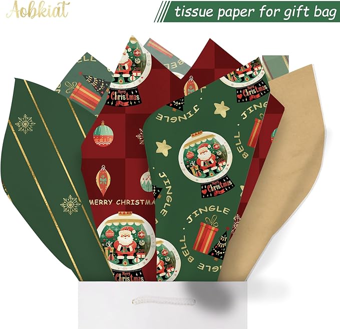 Aobkiat Christmas Wrapping Tissue Paper for Bag,24 Sheets Red Green Gift Wrap Paper for Xmas Decor,Family Friends Present Packaging,DIY Craft,20×15inch
