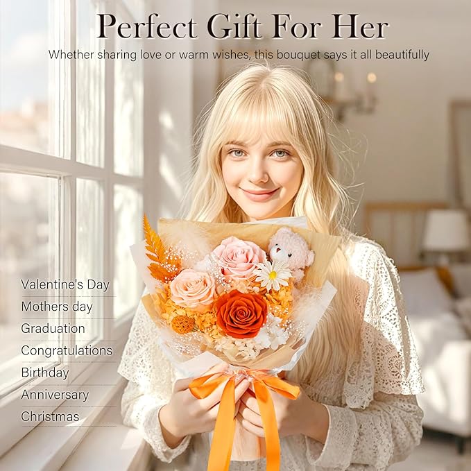 Preserved Flowers Bouquet with Bear, 3 Real Forever Flowers for Delivery, Long-Lasting Orange Eteranl Roses Bouquet Birthday Gifts for Women, Mother, Wife, Her
