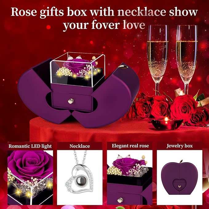 Preserved Purple Real Rose with I Love You Necklace, Eternal Flowers Rose Birthday Gifts for Women Her Mom Wife Girlfriend Grandma Christmas on Valentines Mothers Day Anniversary Romantic-Purple