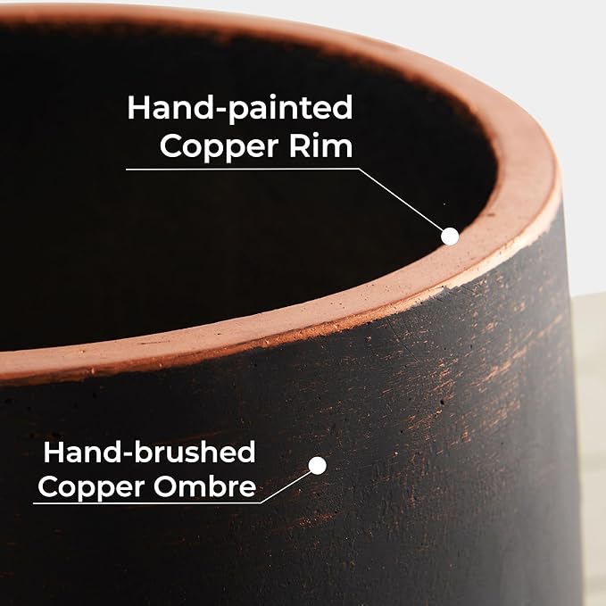 Wallowa 17.7"+13.3"+9.5" Dia Round Concrete Planter Set of 3, Large Outdoor Planter, Black with Gold Rim, Flower Pots with Drainage Holes for Garden, Patio, Home, Office