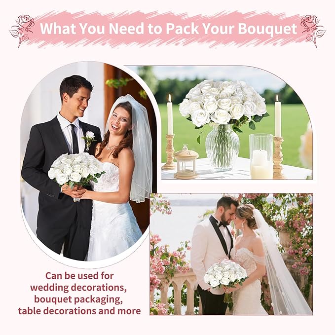 102 PCS White Roses Artificial Flowers, Fake White Roses Bouquet,White Artificial Silk Roses with Stems for Wedding Flowers Decoration, Valentines Day Mothers Day, Bridal Bouquet Roses