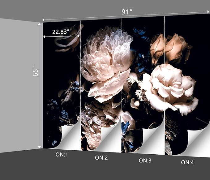 Black Peony Floral Wallpaper Bedroom Pink Botanical Flowers Leaf murals Living Room tv Background Large Wall Mural Aesthetic Room Decor - 91"x65" Not Peel and Stick